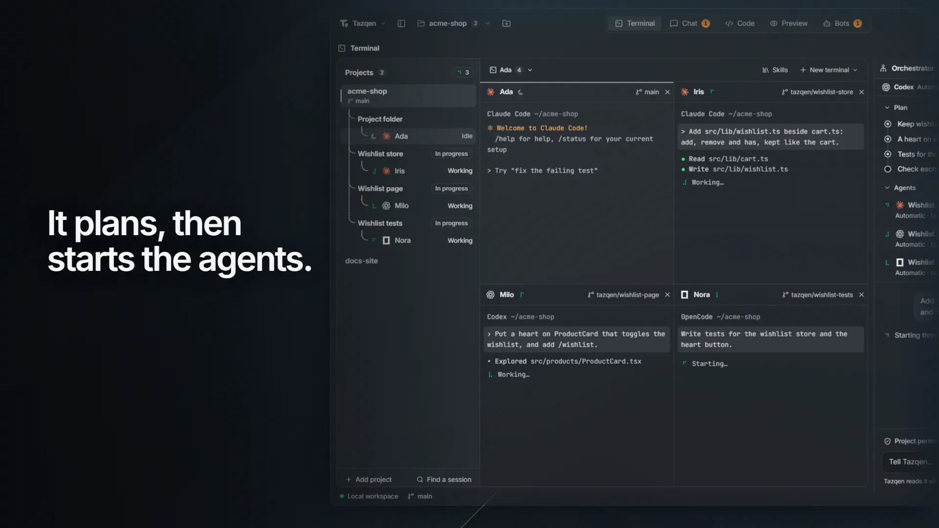 Tazqen's window on a desktop: a goal goes to the Orchestrator, which plans and starts three coding agents in their own tasks, answers OpenCode's question for them, then checks and lands each task. Then the Reviewer bot asks to run the tests and reports what it found.